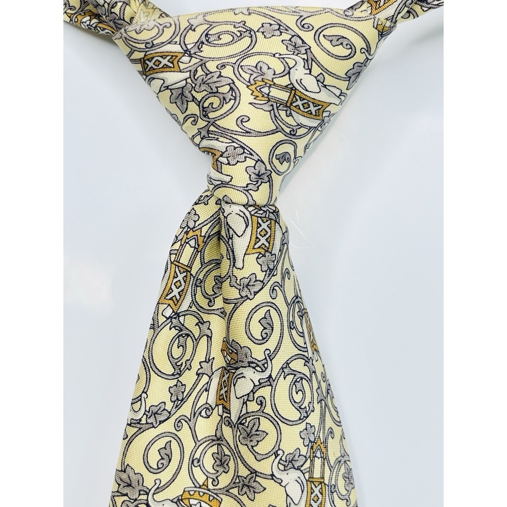 Jim Thompson Mens Thai Silk Tie Yellow Grey Elephant Baroque Scroll Print